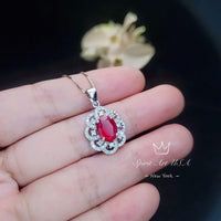 Ruby Necklace 925 Sterling Silver Gemstone Flower 18KGP Ruby Pendant #428