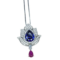 Tanzanite Necklace - Gemstone Lotus Flower Pendant - Sterling Silver - Teardrop Halo Large Deep Blue Tanzanite 2.75 CT #921