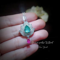 Green Paraiba Tourmaline Necklace - 18KGP @ Sterling Silver - Gemstone Lotus Flower Necklace - Large Paraiba Pendant #923