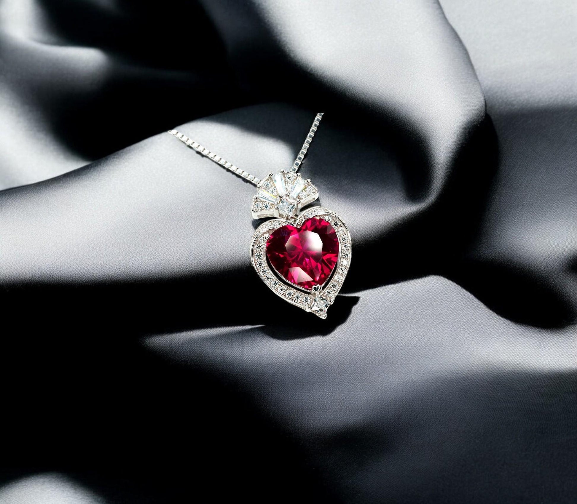 Ruby Heart Necklace - White Gold-Coated Sterling Silver - July birthstone 4 CT Red Ruby Pendant Adjustable Chain #419