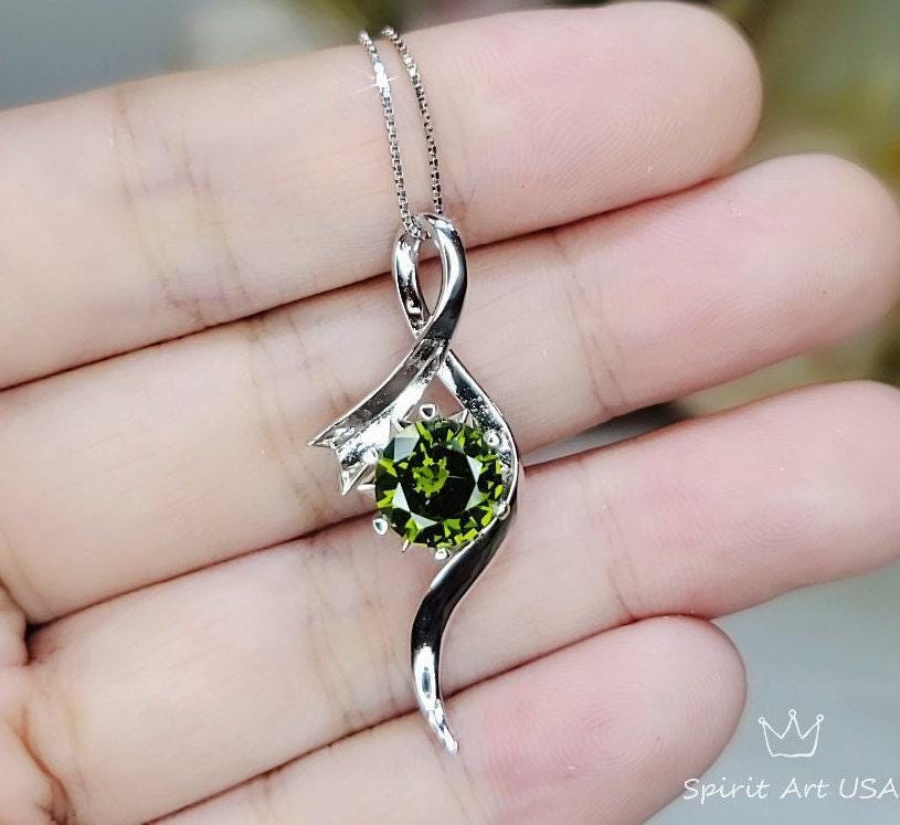 Sterling Silver Bow Peridot Necklace - White Gold coated Swirl Infinity Dynamic 2 CT Green Peridot Pendant - August Birthstone #510