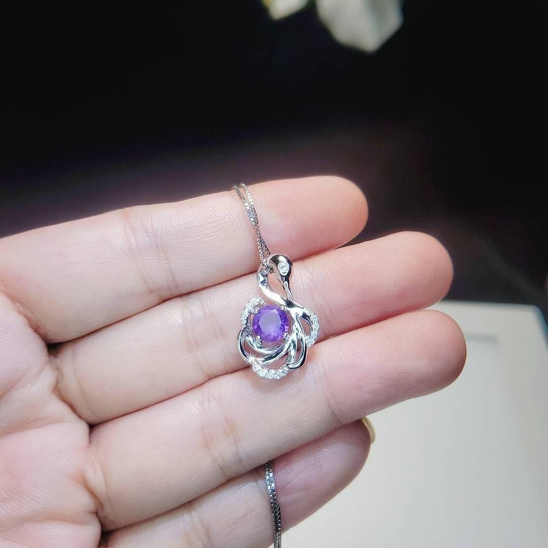 Gemstone Swan Genuine Amethyst Necklace - 18KGP @925 Sterling Silver Round Natural Amethyst Pendant #411