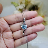 Blue Aquamarine Necklace, White Gold Coated Sterling Silver, Bow 2 CT Blue Gemstone Pendant, Swirl Infinity Jewelry Bridal Blue #938