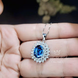 Large Blue Sapphire Necklace - 2.8 CT Double Halo Gemstone Blue Sapphire Pendant - September Birthstone - Jewelry #646