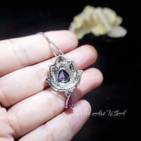 Tanzanite Necklace - Gemstone Lotus Flower Pendant - Sterling Silver - Teardrop Halo Large Deep Blue Tanzanite 2.75 CT #921