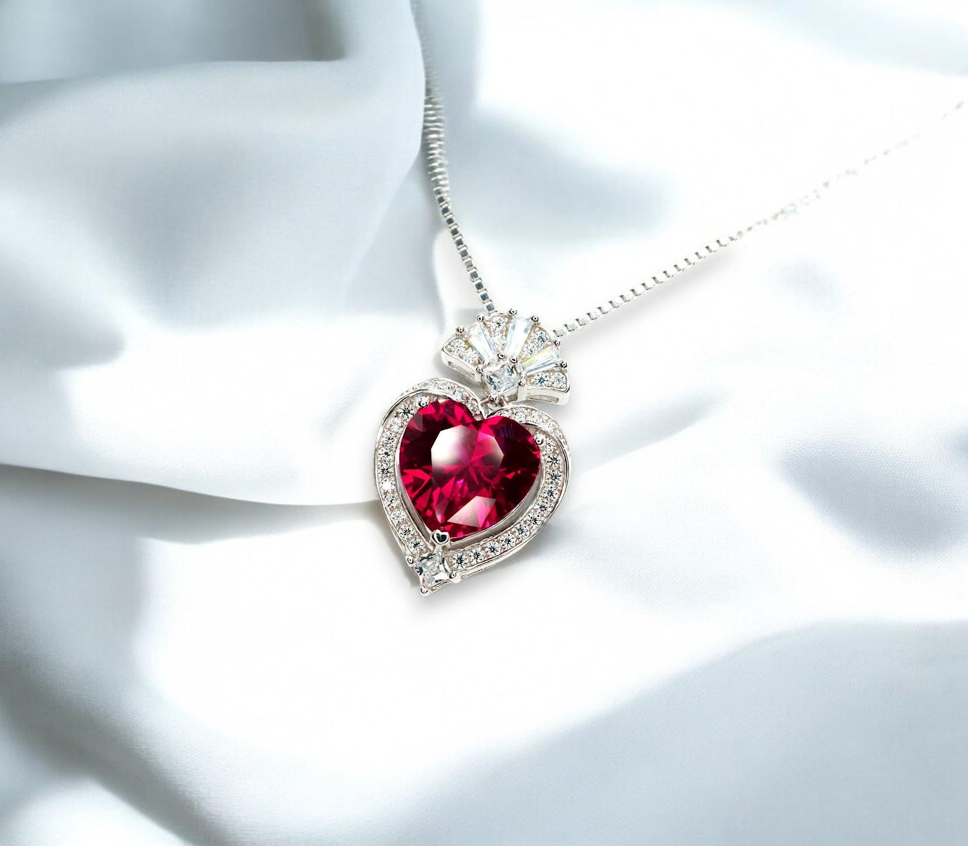 Ruby Heart Necklace - White Gold-Coated Sterling Silver - July birthstone 4 CT Red Ruby Pendant Chain #419