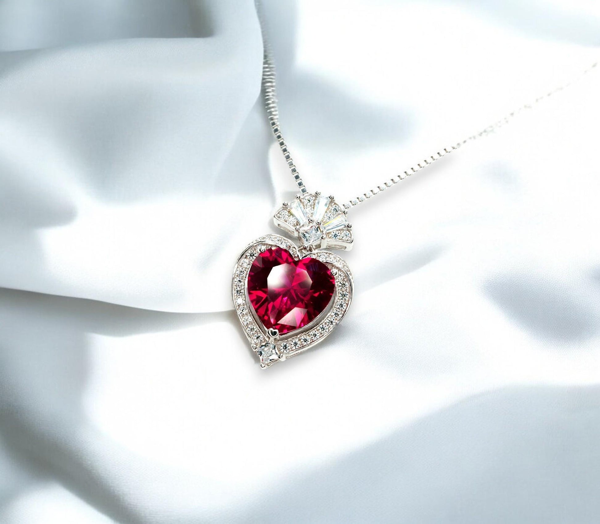 Ruby Heart Necklace - White Gold-Coated Sterling Silver - July birthstone 4 CT Red Ruby Pendant Adjustable Chain #419
