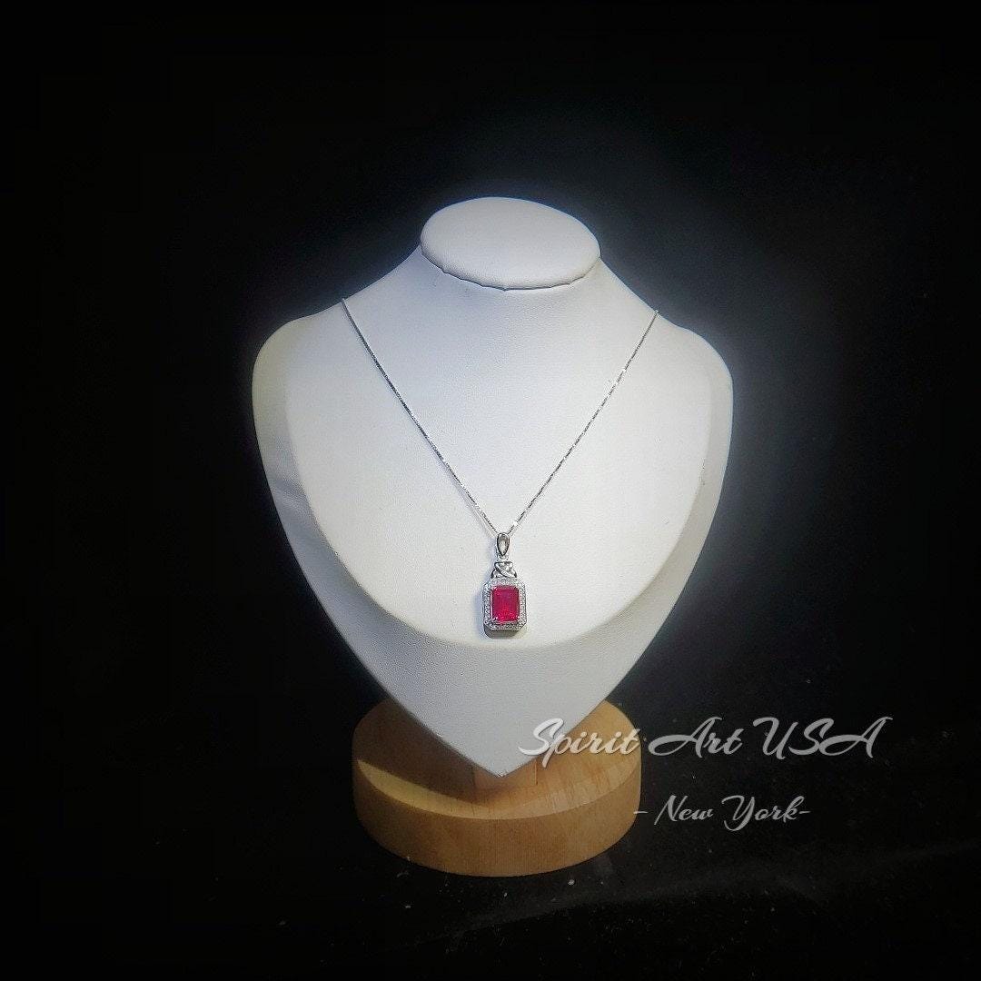 Ruby Necklace Rectangle red Pendant - 18KGP @ Sterling Silver - July Birthstone chain #299