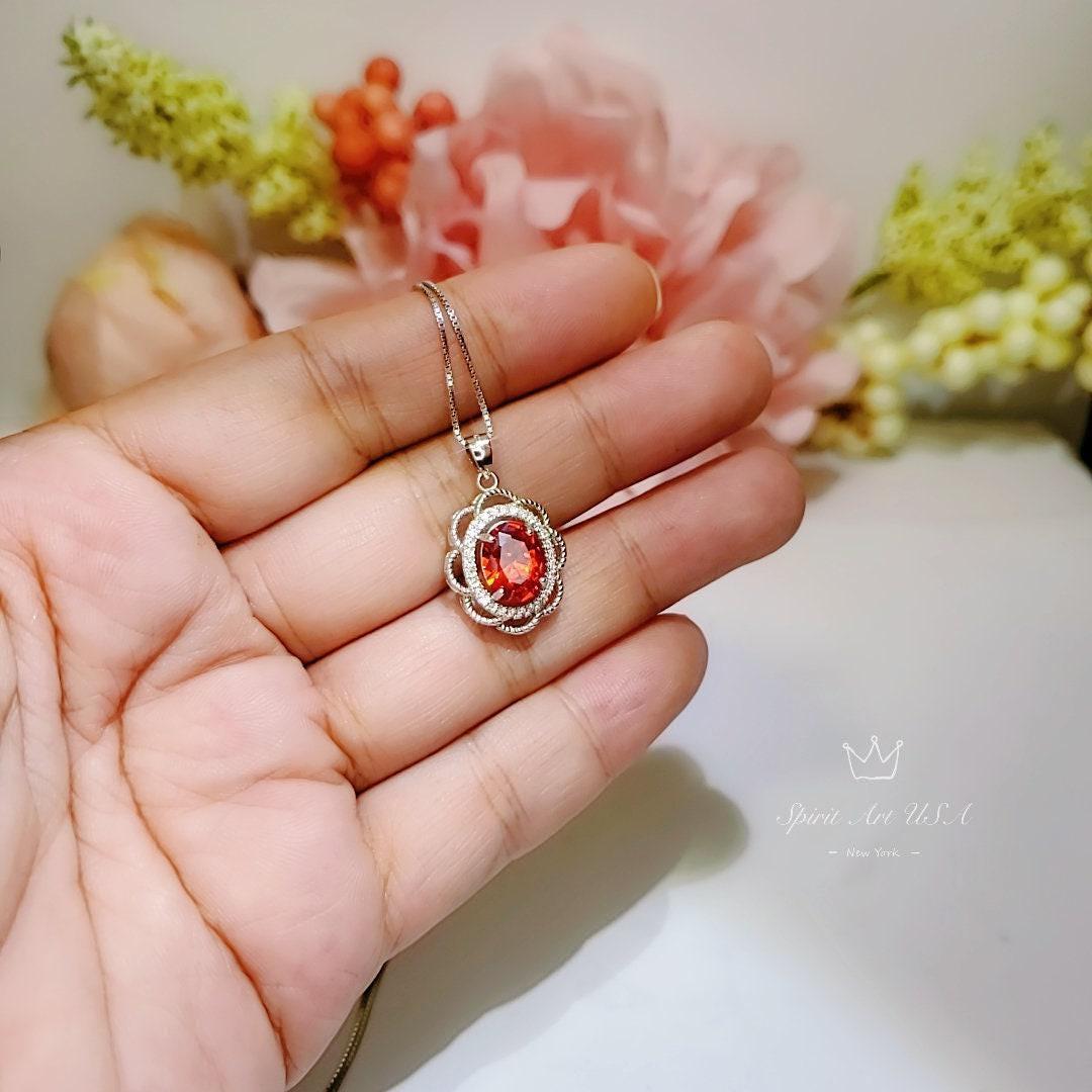 Sunstone Necklace - Sterling Silver Flower Style - Tangerine Orange Sapphire Pendant - Red Orange Sunstone Jewelry - 18KGP #265