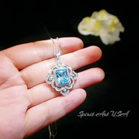 Gorgeous Large Blue Aquamarine Necklace Diamond 18kgp @ Sterling Silver flower of Ascension Pendant Faceted Rectangle 5 CT Aquamarine #897