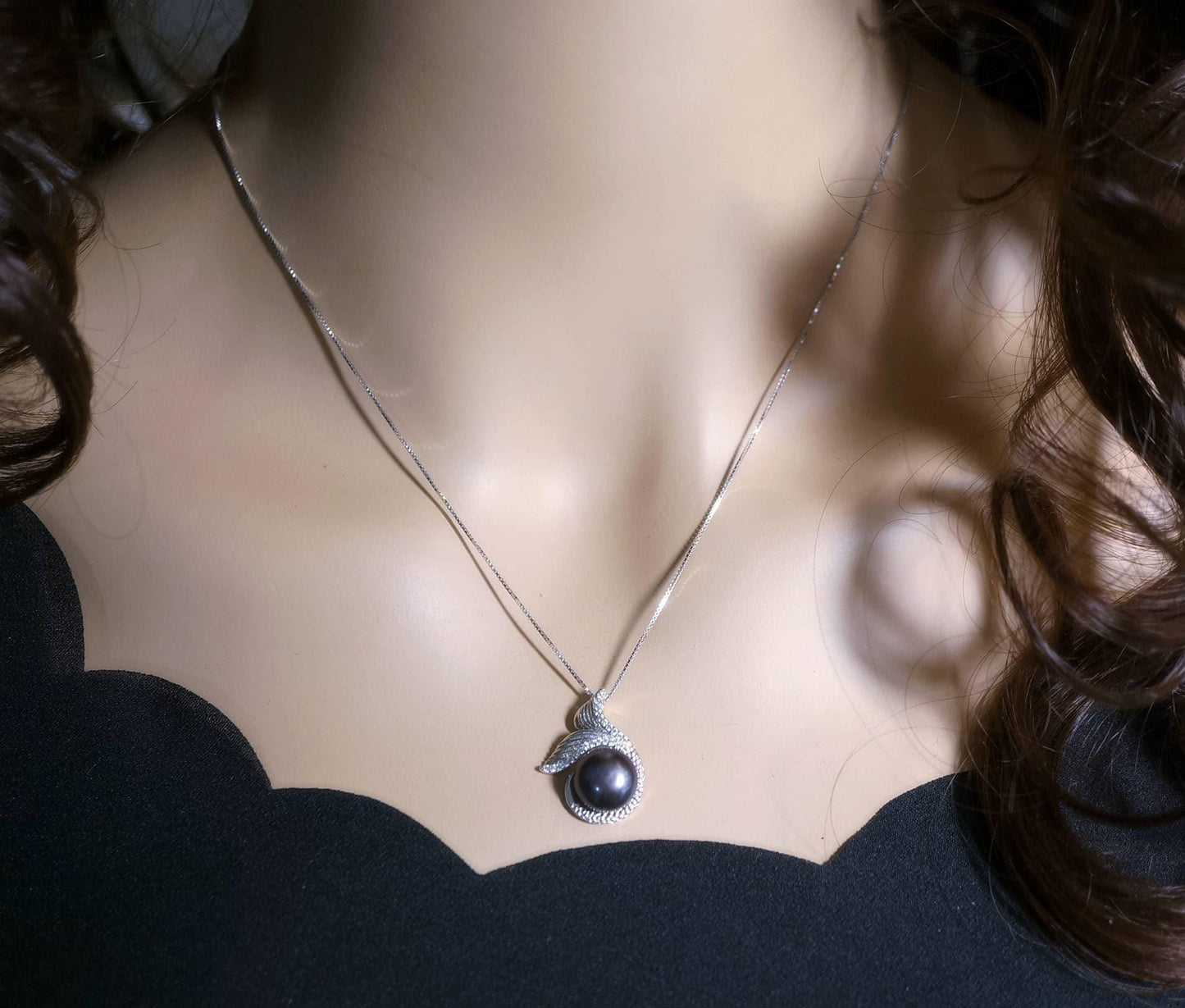 Natural Black Pearl Necklace Sterling Silver, Large Freshwater bridal Peal jewelry Mermaid Fish Tail Jewelry 1098