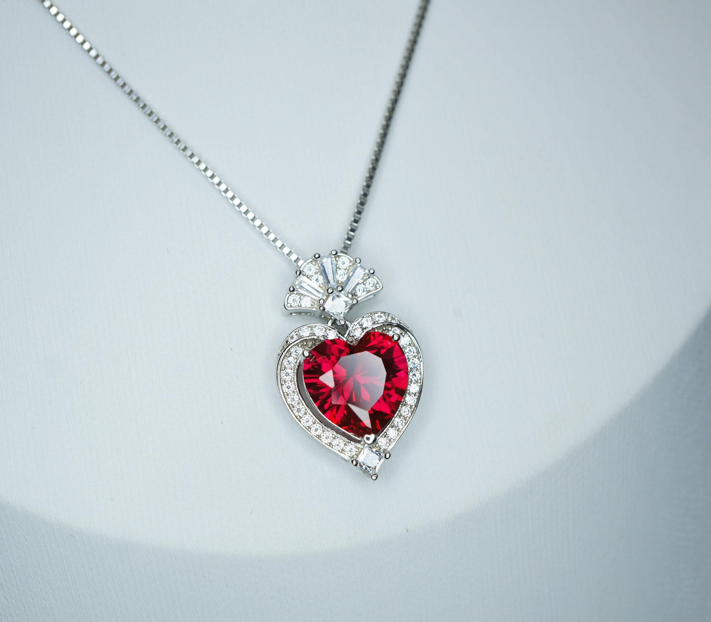 Ruby Heart Necklace - White Gold-Coated Sterling Silver - July birthstone 4 CT Red Ruby Pendant Adjustable Chain #419