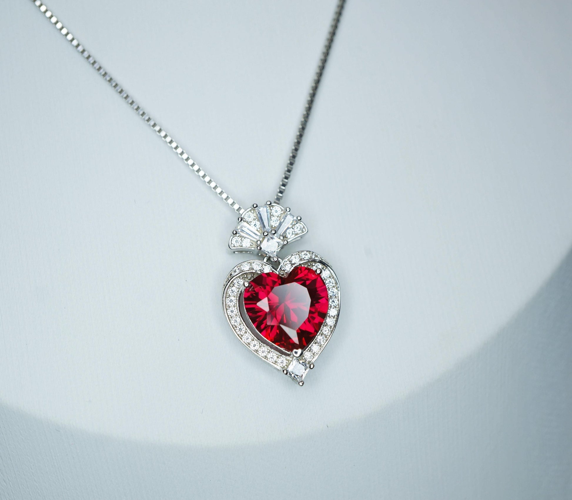 Ruby Heart Necklace - White Gold-Coated Sterling Silver - July birthstone 4 CT Red Ruby Pendant Adjustable Chain #419