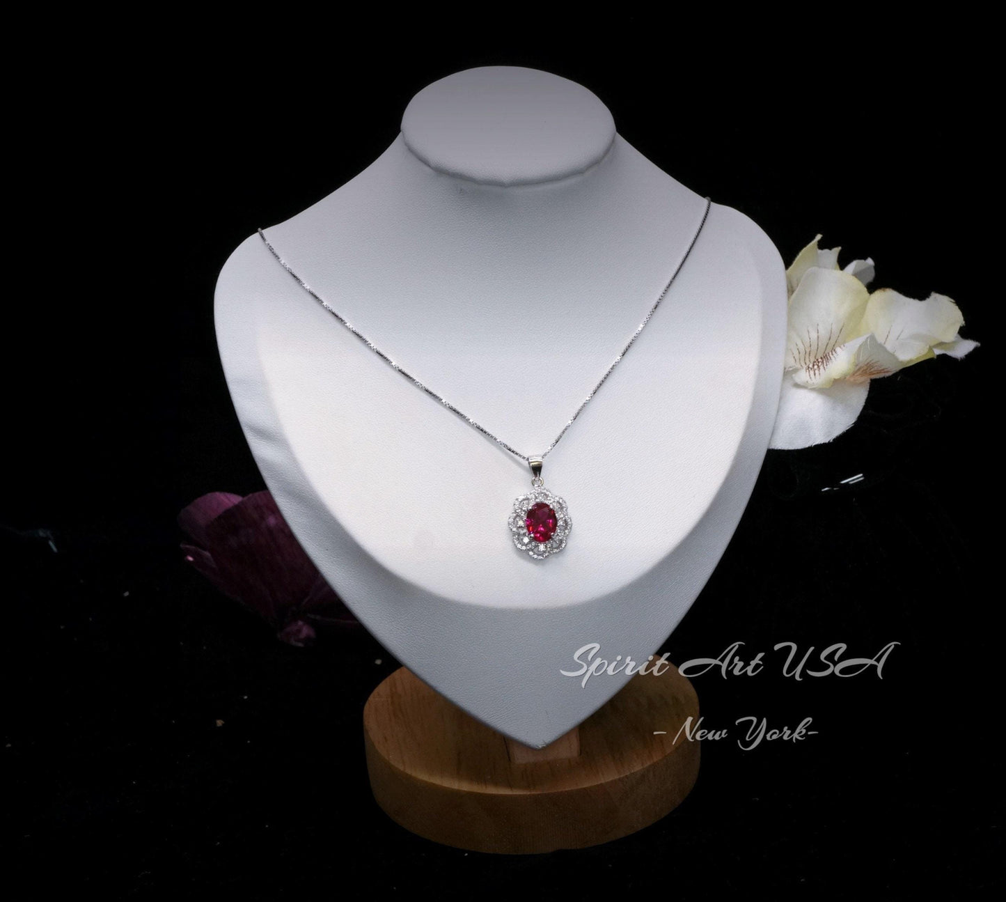 Ruby Necklace 925 Sterling Silver Gemstone Flower 18KGP Ruby Pendant #428