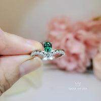 Tiny Teardrop Emerald Ring - Sterling Silver White gold coated Royal Wave Green Gemstone statement Ring 1064