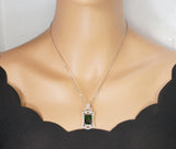 Gemstone Royal Flower Emerald Necklace - Large Sterling Silver 10 Ct Rectangle Green Emerald Pendant - 18KGP @ Sterling Silver #838