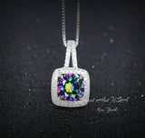 Mystic Topaz Pendant - 18KGP @ Sterling Silver - Gemstone Square Halo Solitaire - Royal Rainbow Topaz Jewelry #139
