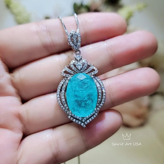 Paraiba Necklace Sterling Silver 14 CT Blue Paraiba Tourmaline Necklace Gemstone Royal Crown Flower Blue Gemstone Jewelry #977