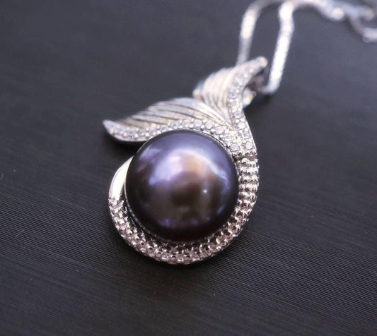 Natural Black Pearl Necklace Sterling Silver, Large Freshwater bridal Peal jewelry Mermaid Fish Tail Jewelry 1098