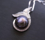 Natural Black Pearl Necklace Sterling Silver, Large Freshwater bridal Peal jewelry Mermaid Fish Tail Jewelry 1098