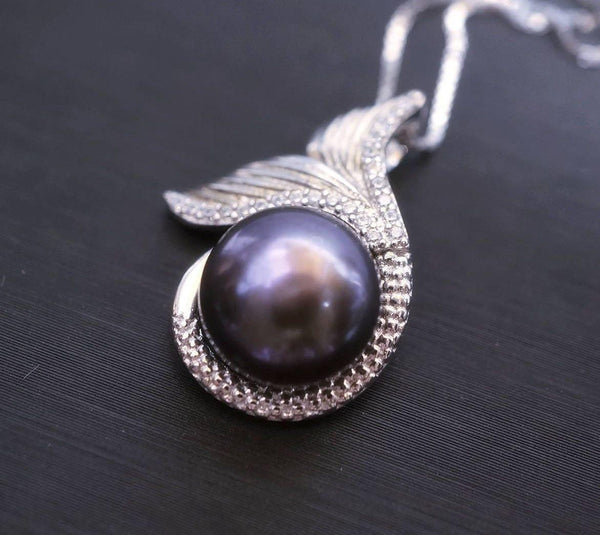 Natural Black Pearl Necklace Sterling Silver, Large Freshwater bridal Peal jewelry Mermaid Fish Tail Jewelry 1098