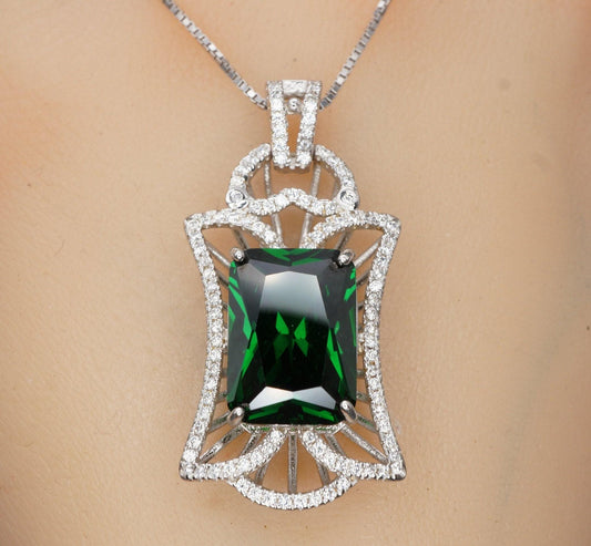 Gemstone Royal Flower Emerald Necklace - Large Sterling Silver 10 Ct Rectangle Green Emerald Pendant - 18KGP @ Sterling Silver #838