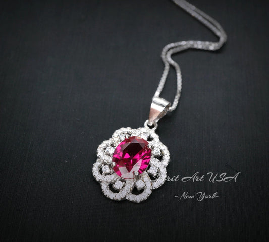 Ruby Necklace 925 Sterling Silver Gemstone Flower 18KGP Ruby Pendant #428