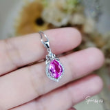 Teardrop Pink Tourmaline Necklace, Gemstone Halo Pink Gemstone Pendant, Sterling Silver White gold Solitaire Fuchsia Gemstone Jewelry #196