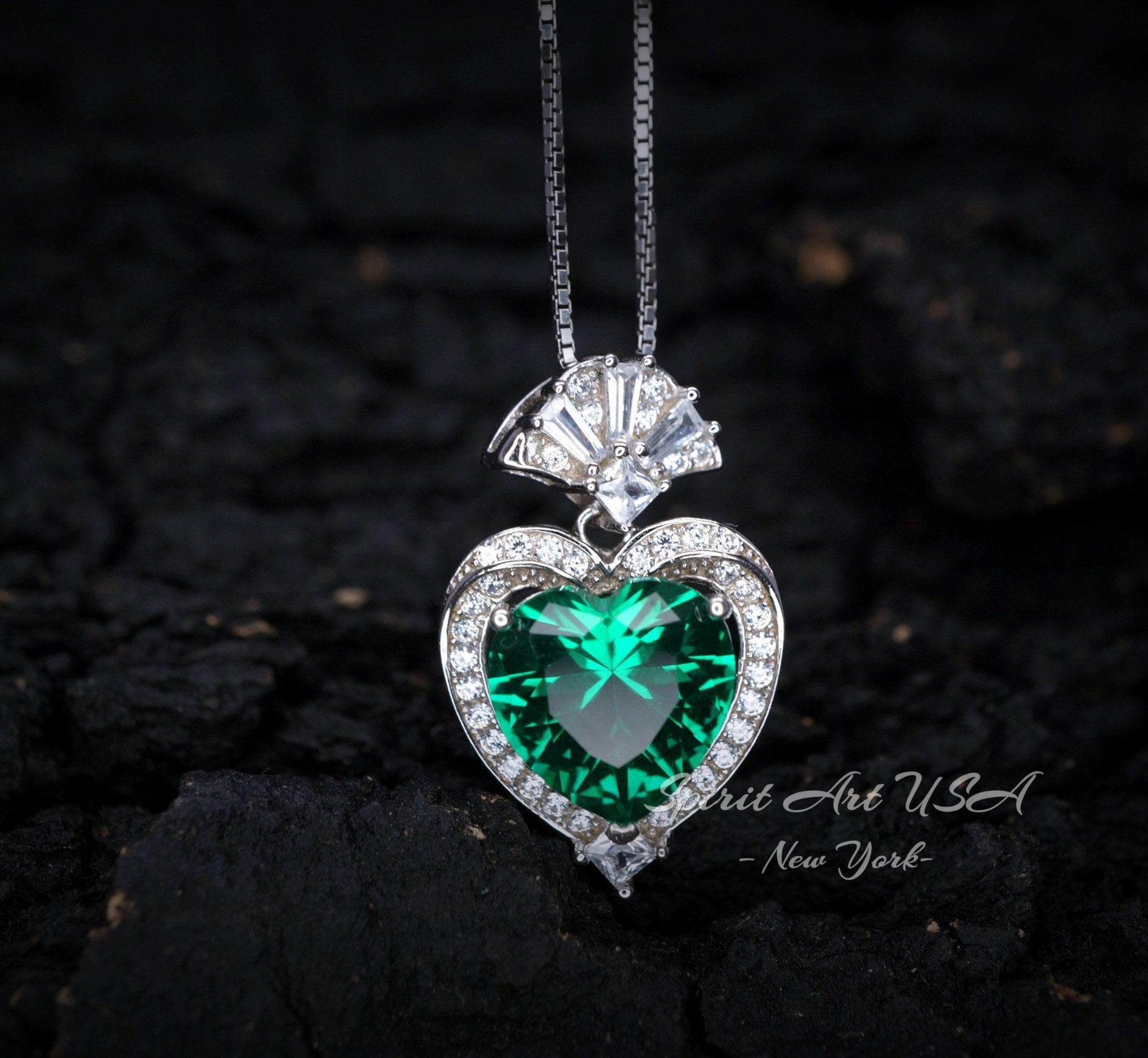 Large Green Emerald Heart Necklace - White Gold coated Sterling Silver - 4 CT Green Emerald Pendant #576