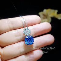Blue Sapphire Necklace Four leaf clover Style - Cushion Cut - 5 CT Blue Sapphire Pendant Gemstone Flower Bail - 18KGP @ Sterling Silver #674