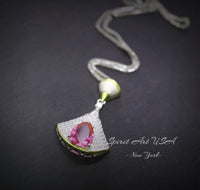 Pink Sapphire Necklace - 18KGP @ Sterling Silver Paved Gemstone Art Deco 3CT Pink Sapphire Pendant #884