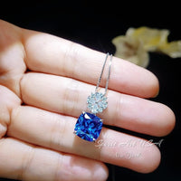 Blue Sapphire Necklace Four leaf clover Style - Cushion Cut - 5 CT Blue Sapphire Pendant Gemstone Flower Bail - 18KGP @ Sterling Silver #674