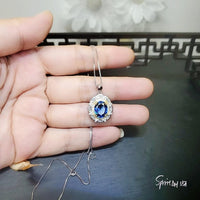 Royal Flower Blue Sapphire Necklace - Sterling Silver 3.5 CT Blue Sapphire Pendant - Large Diamond Flower Solitaire Blue Sapphire 1092