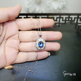 Royal Flower Blue Sapphire Necklace - Sterling Silver 3.5 CT Blue Sapphire Pendant - Large Diamond Flower Solitaire Blue Sapphire 1092