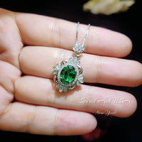 Luxury Emerald Necklace, Gemstone Flower - 18KGP @ Sterling Silver - Victoria Style Green Emerald Pendant - May Birthstone #625