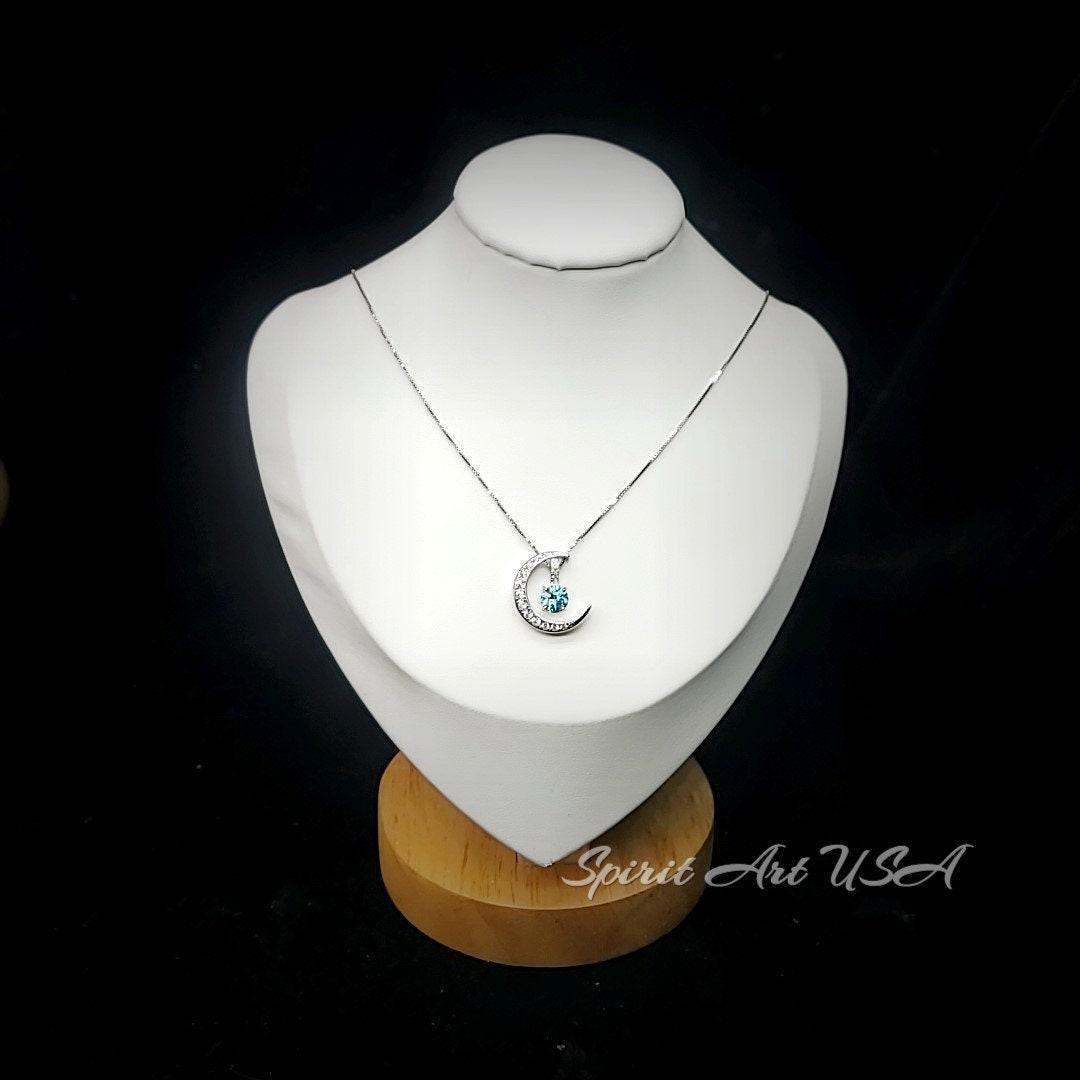 Tiny Aquamarine Gemstone Moon Necklace Sterling Silver Crescent Blue Aquamarine Pendant March Birthstone Double Pendant Jewelry #224