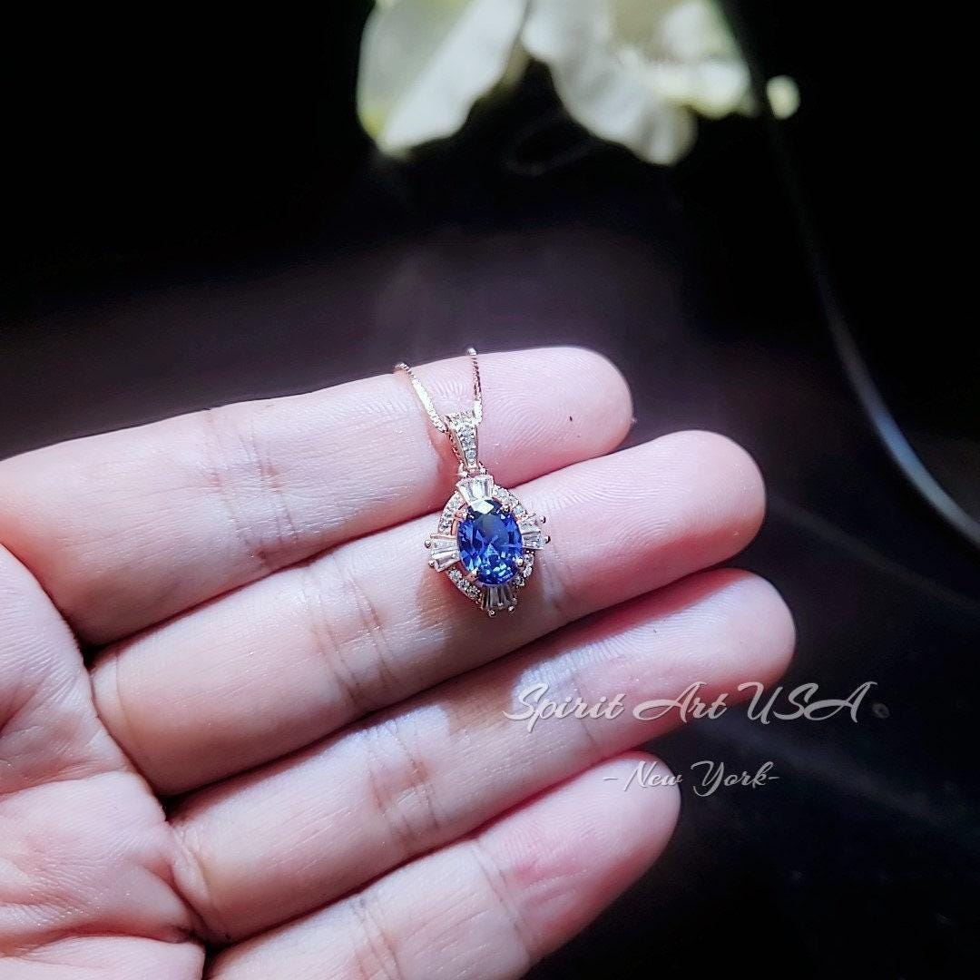 Blue Sapphire Rose Gold Necklace Rose Gold Sterling Silver Gemstone Oval Blue Gemstone Pendant September Birthstone #163