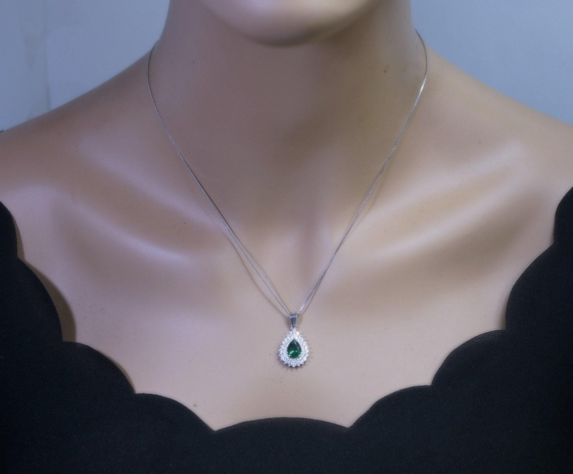 Double Halo Teardrop Emerald Necklace - 18kgp @ Sterling Silver - 1.2 CT Pear Cut Dainty Emerald Pendant #367