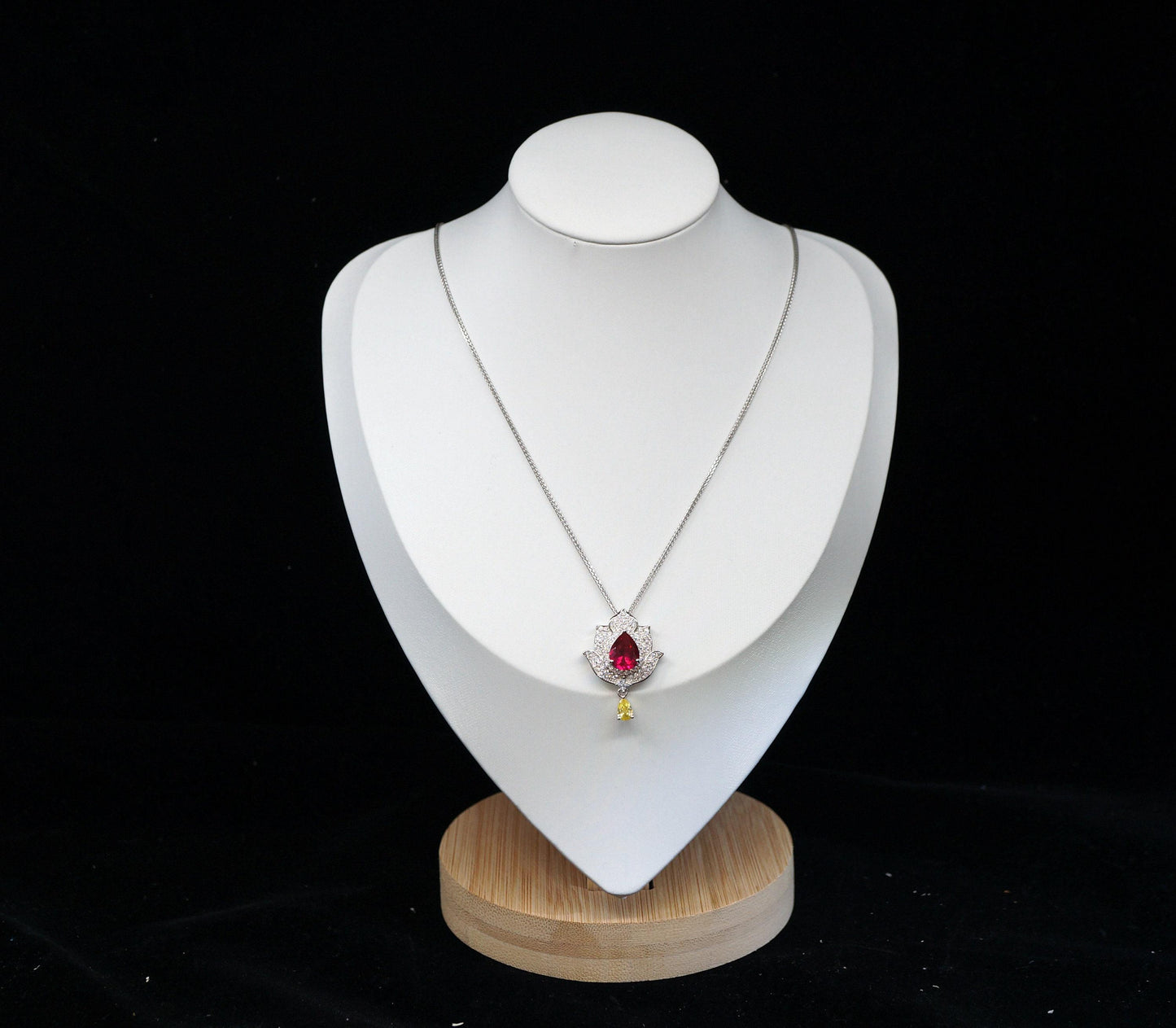 Ruby Necklace - Gemstone Lotus Flower Pendant - 18kGP @ Sterling Silver -Teardrop Halo Ruby Pendant #922