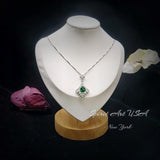 Mandolin flower Emerald Necklace - 1.2 ct Trillion Cut Green Emerald Pendant - White Gold coated Sterling Silver Gemstone Design #759