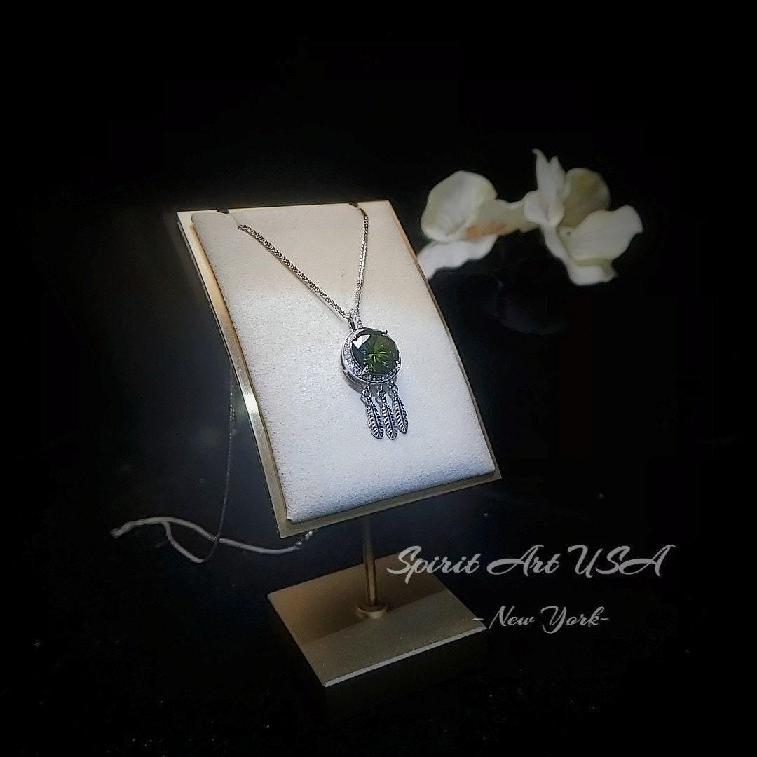 Large Green Peridot Necklace - 18KGP @ Sterling Silver - dreamcatcher Necklace - August Birthstone - Dream Catcher Peridot Pendant #690
