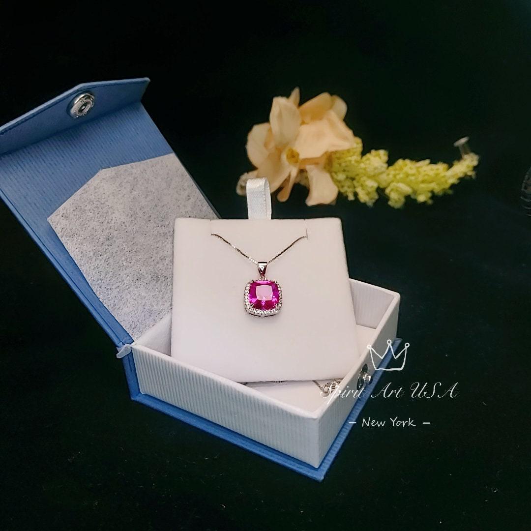 Pink Sapphire Necklace - 6CT Fuchsia Hot Pink Gemstone Pendant - Large Square Sapphire Jewelry Sterling Silver White Gold Plated #462
