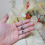 Blue Sapphire Peacock Flower Necklace Gemstone Tassel Teardrop Pear Multi Gemstone Pendant White Gold plated Sterling Silver #776