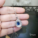 Royal Flower Blue Sapphire Necklace - Sterling Silver 3.5 CT Blue Sapphire Pendant - Large Diamond Flower Solitaire Blue Sapphire 1092