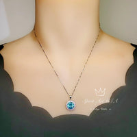 Large Round Aquamarine Necklace - Sterling Silver Sunflower Aquamarine Pendant - 4 CT Blue Aquamarine Halo Pink Tourmaline Jewelry #570