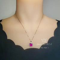 6CT Fuchsia Pink Sapphire Necklace - Large Square Sterling Silver White Gold Plated - Pink Sapphire Jewelry #462