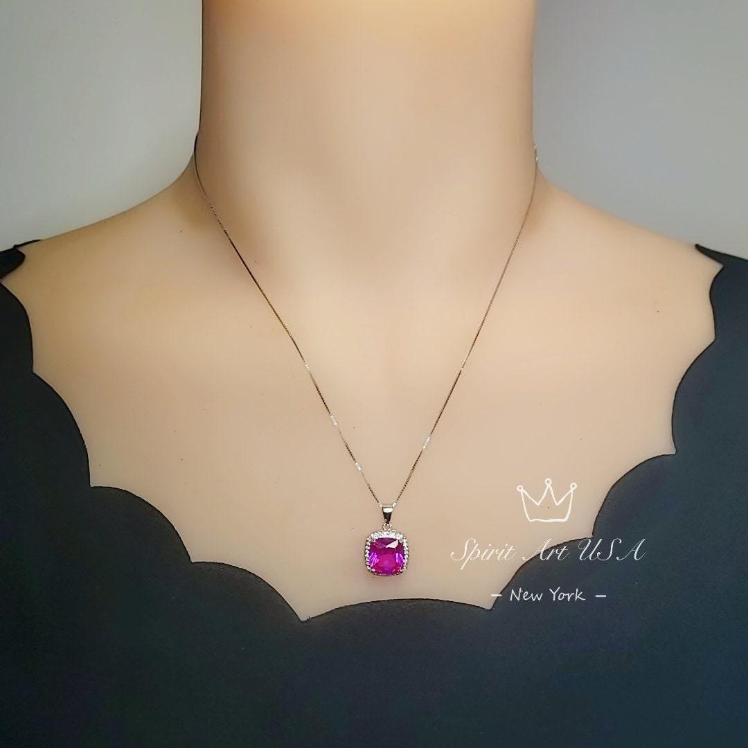 Pink Sapphire Necklace - 6CT Fuchsia Hot Pink Gemstone Pendant - Large Square Sapphire Jewelry Sterling Silver White Gold Plated #462