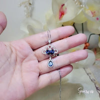 Blue Sapphire Peacock Flower Necklace Gemstone Tassel Teardrop Pear Multi Gemstone Pendant White Gold plated Sterling Silver #776
