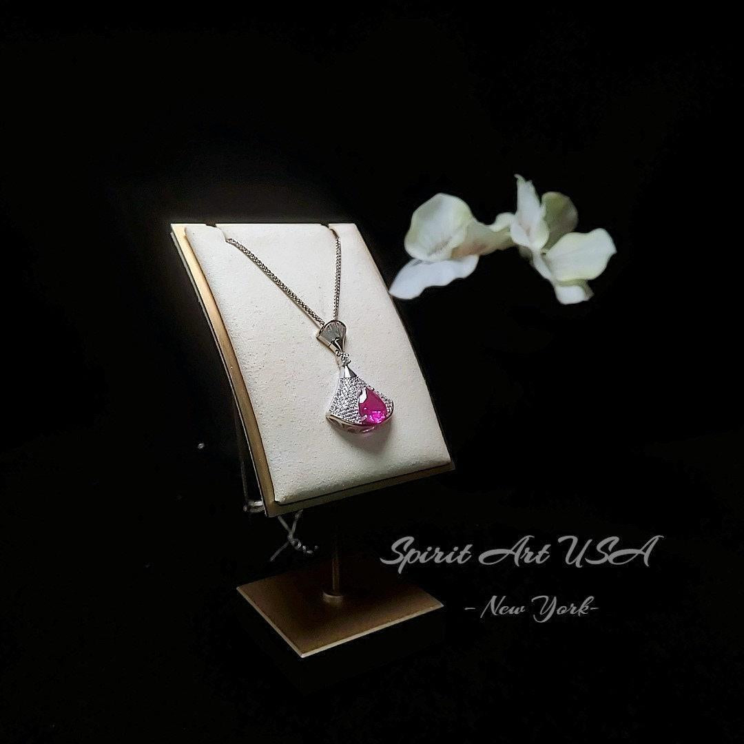 Pink Sapphire Necklace - 18KGP @ Sterling Silver Paved Gemstone Art Deco 3CT Pink Sapphire Pendant #884