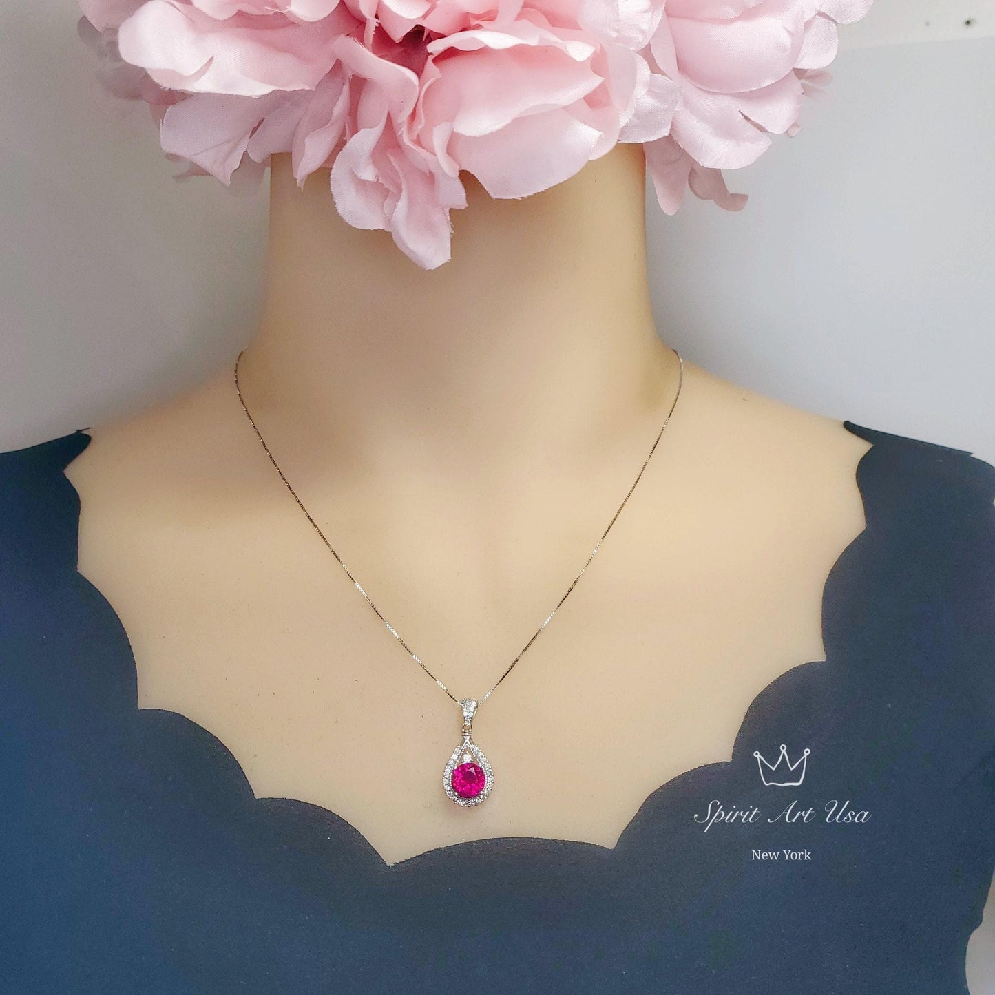 2.1 Ct Ruby Necklace - White Gold plated Sterling Silver Teardrop Created Red Gemstone Pendant Gemstone Halo Solitaire July Birthstone #153